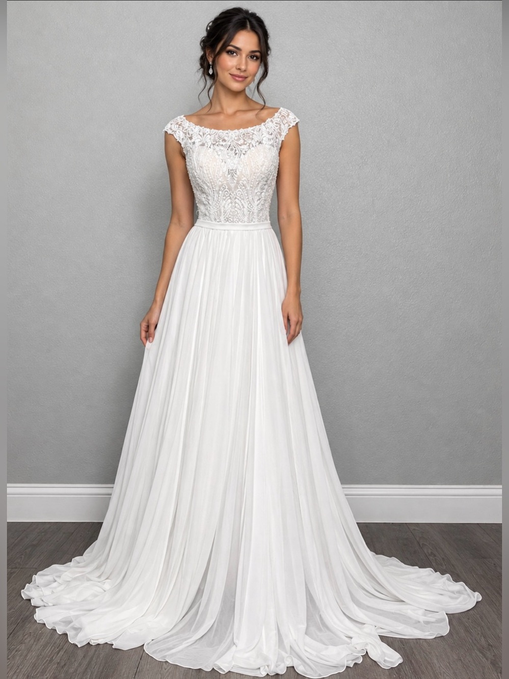 Allure Romance Beaded Intricate Lace Flowing Chiffon Skirt Wedding Dress Sz 8